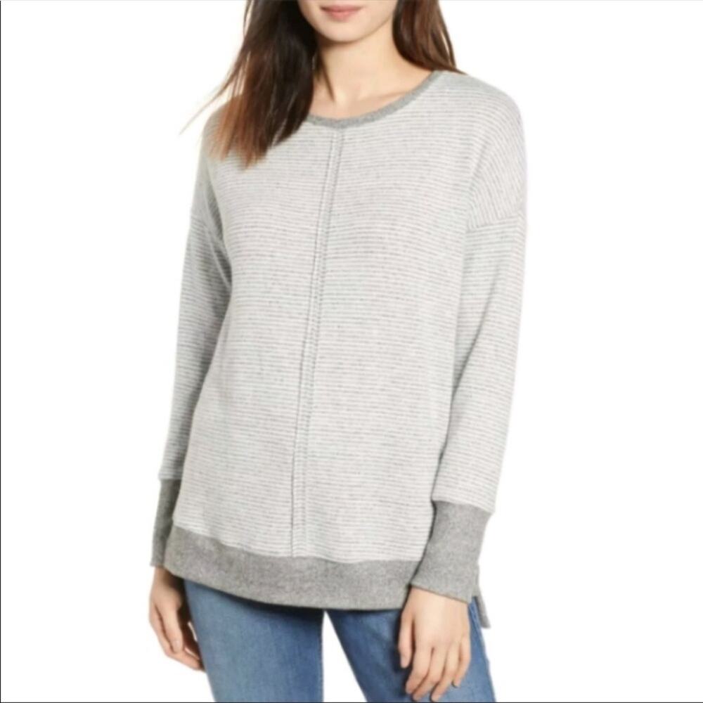 Gibson Gray White Mini Stripe High Low Sweater